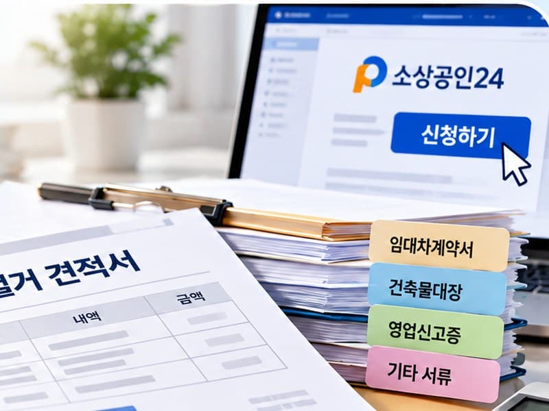철거 견적서와 임대차계약서·건축물대장·영업신고증 등 준비 서류, 온라인 신청 화면